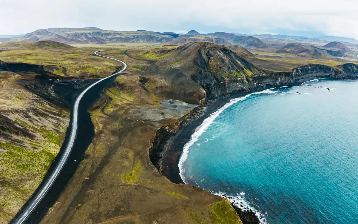 The coast of the Reykjanes Peninsula with lava fields running down to the sea