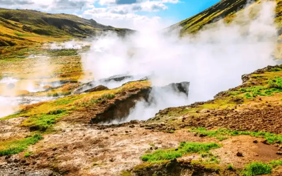 Steam rising from the Hengill geothermal field in south-west Iceland